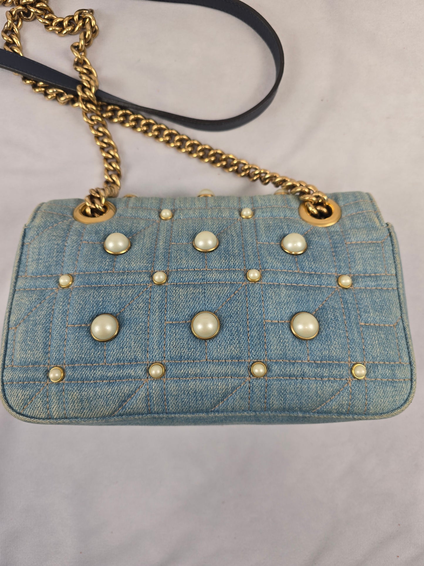 Gucci GG Marmont Quilted Denim with Pearls Chain Shoulder Bag