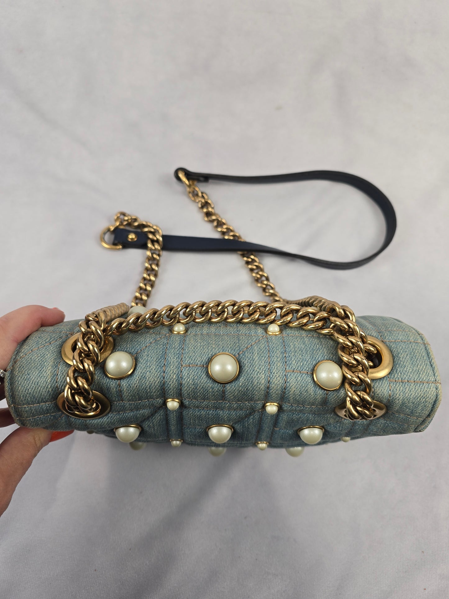 Gucci GG Marmont Quilted Denim with Pearls Chain Shoulder Bag