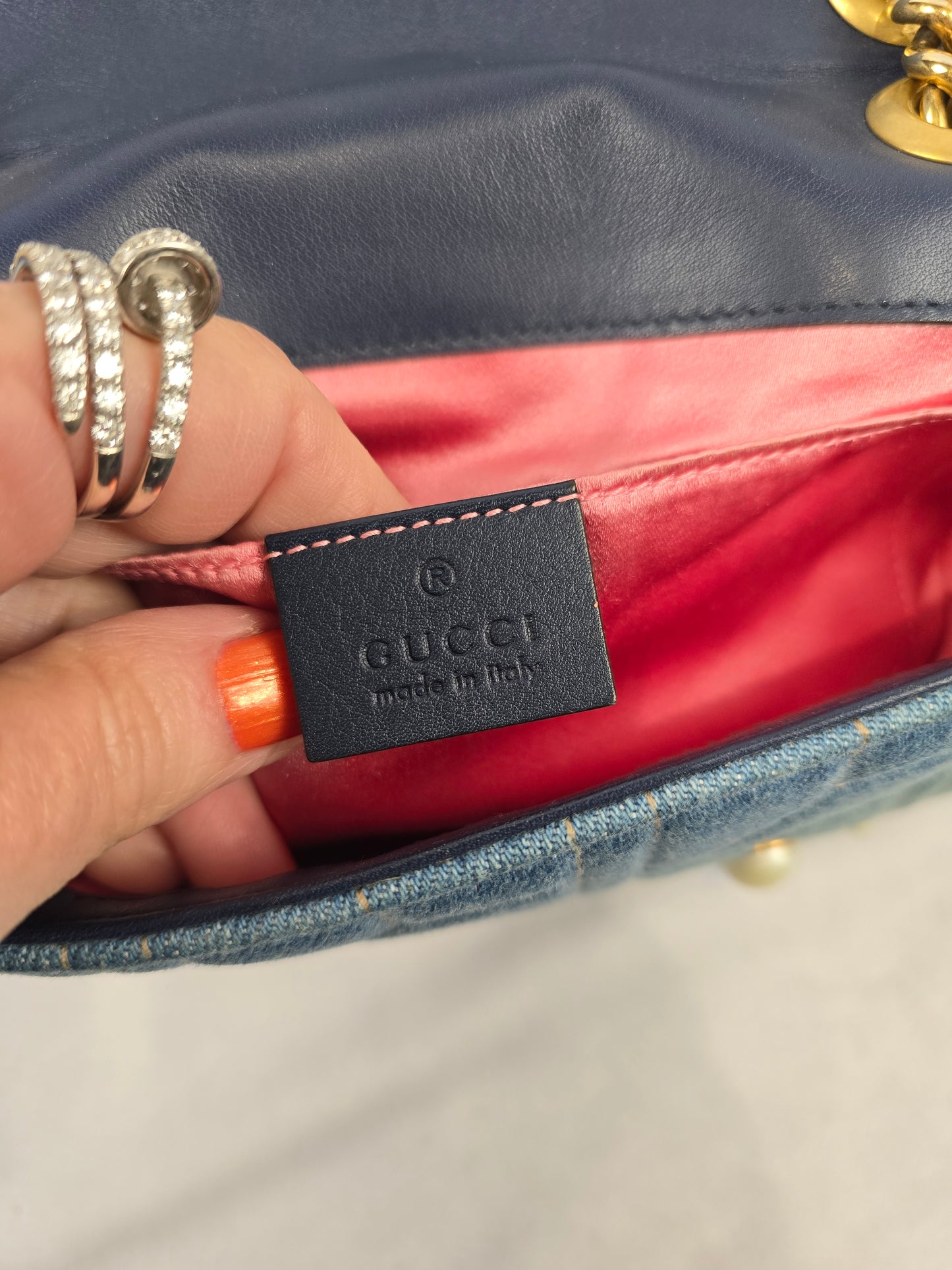 Gucci GG Marmont Quilted Denim with Pearls Chain Shoulder Bag
