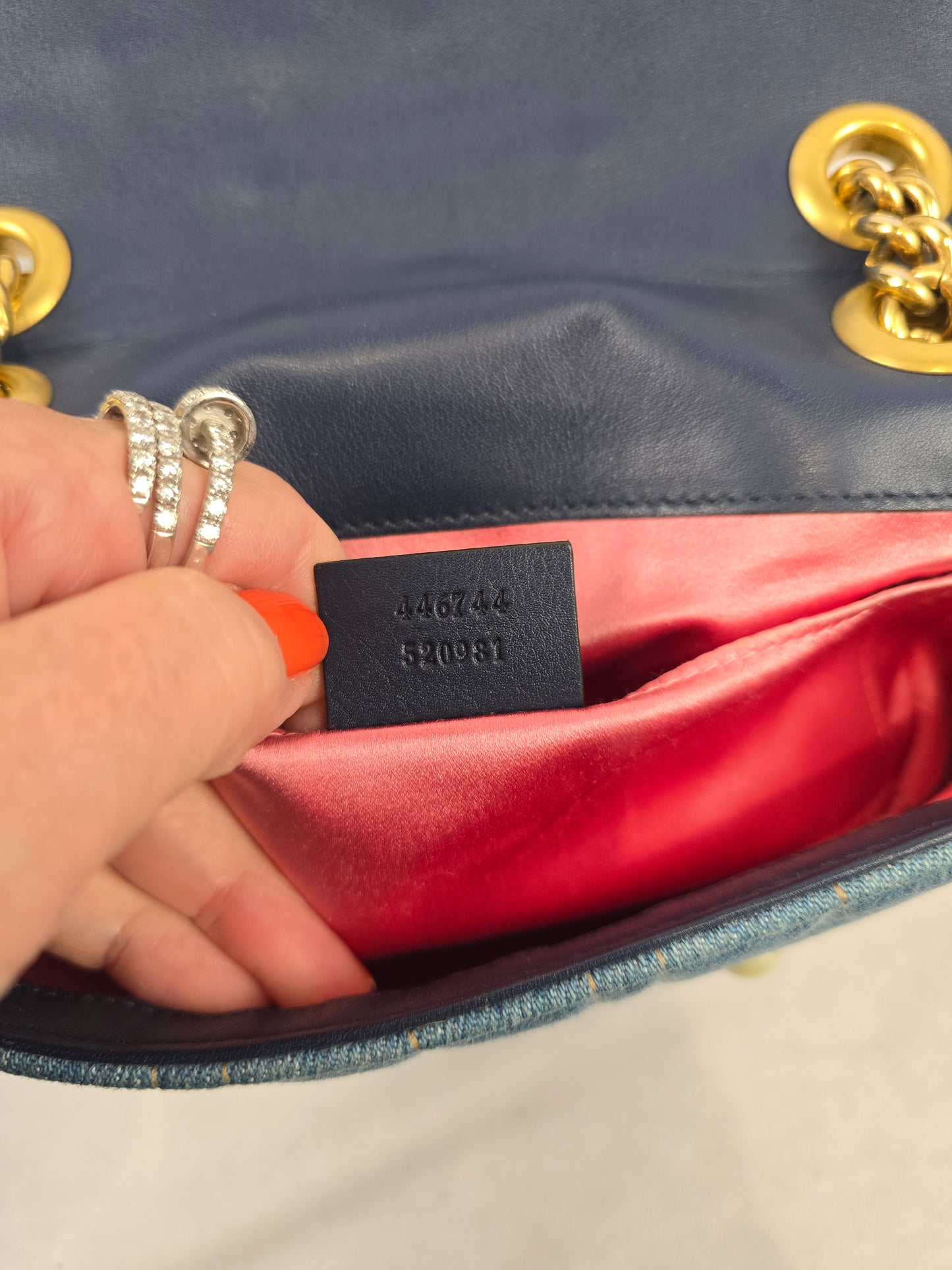 Gucci GG Marmont Quilted Denim with Pearls Chain Shoulder Bag