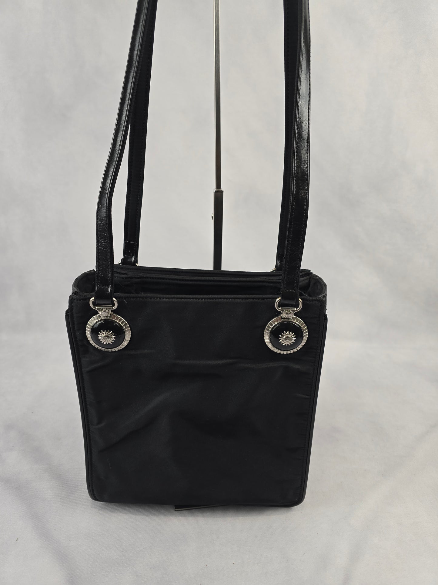 Versace Nylon and Black Patent Leathe Black Sunburst Shoulder Bag