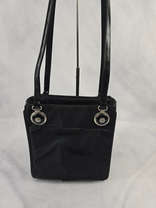 Versace Nylon and Black Patent Leathe Black Sunburst Shoulder Bag