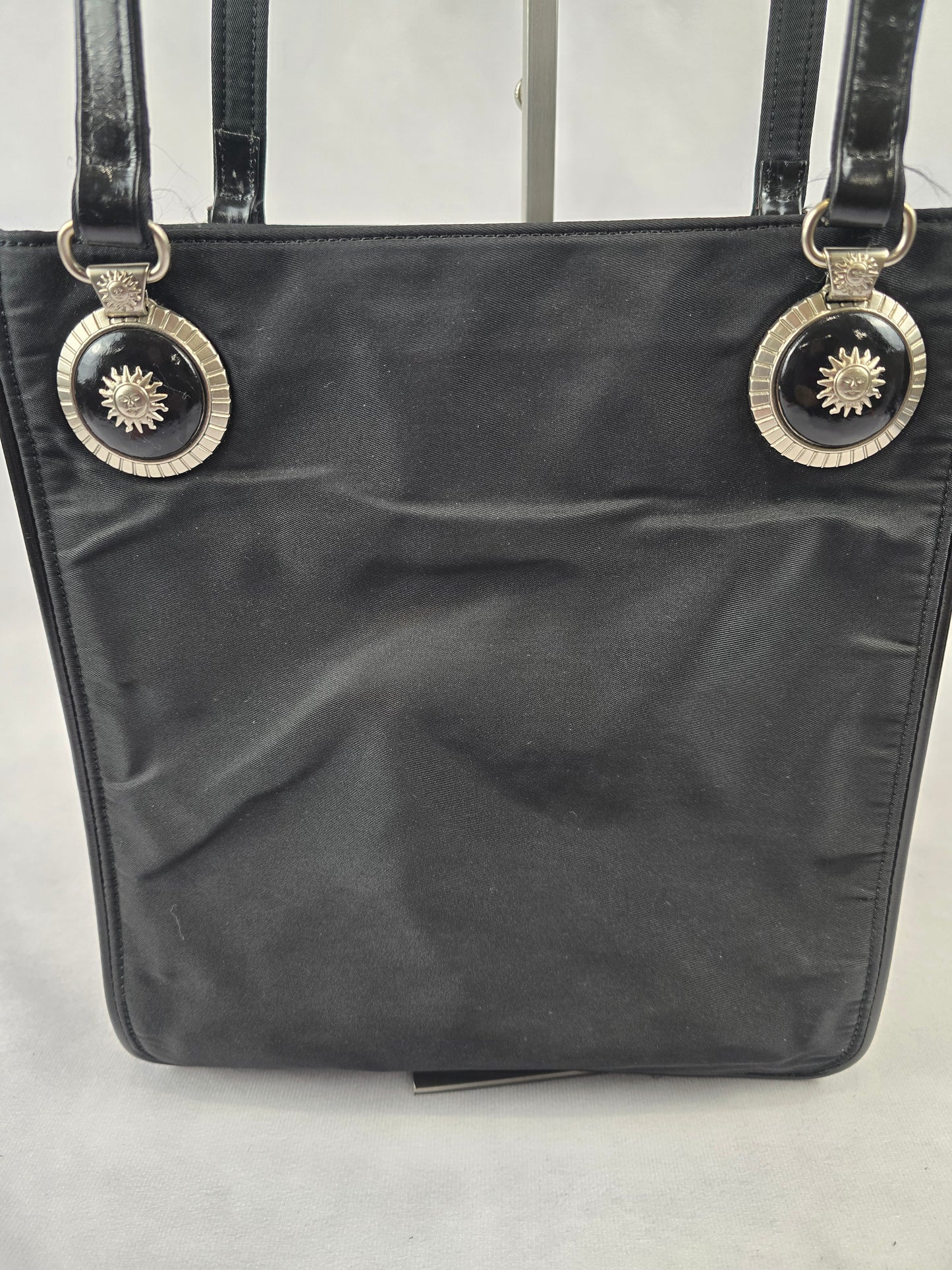 Versace Nylon and Black Patent Leathe Black Sunburst Shoulder Bag