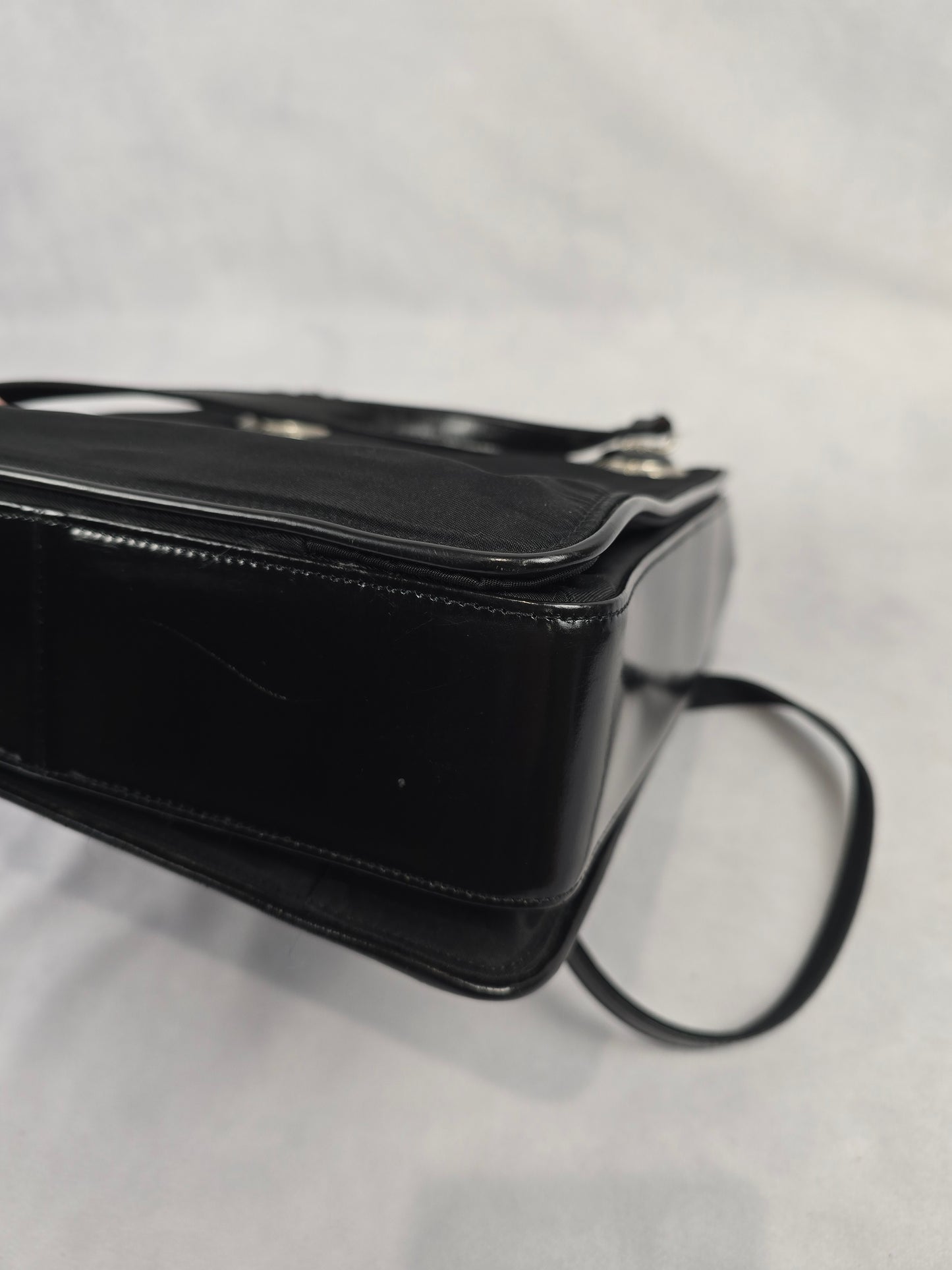 Versace Nylon and Black Patent Leathe Black Sunburst Shoulder Bag