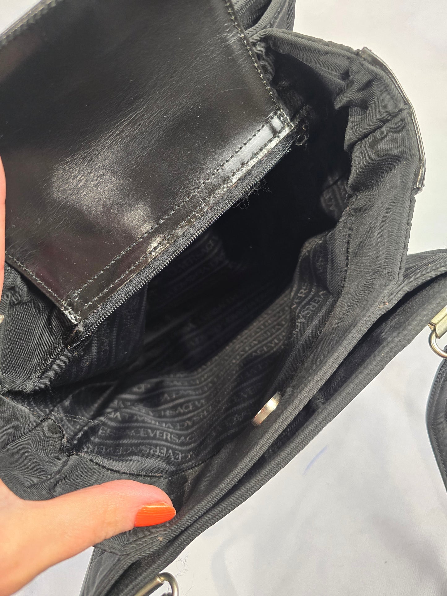 Versace Nylon and Black Patent Leathe Black Sunburst Shoulder Bag
