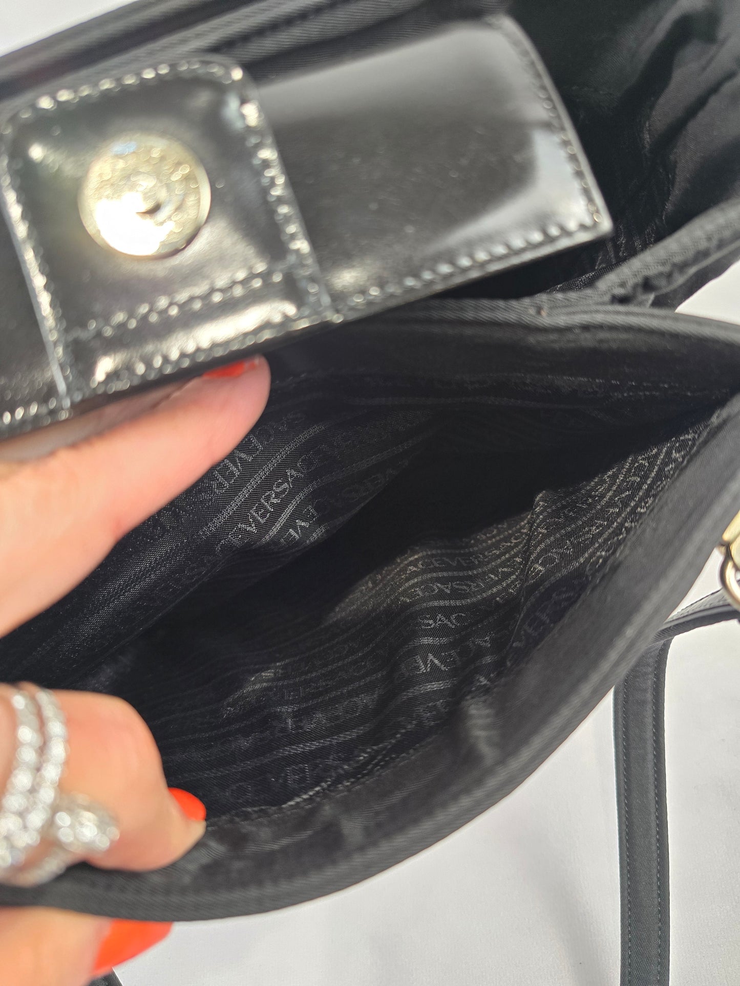 Versace Nylon and Black Patent Leathe Black Sunburst Shoulder Bag