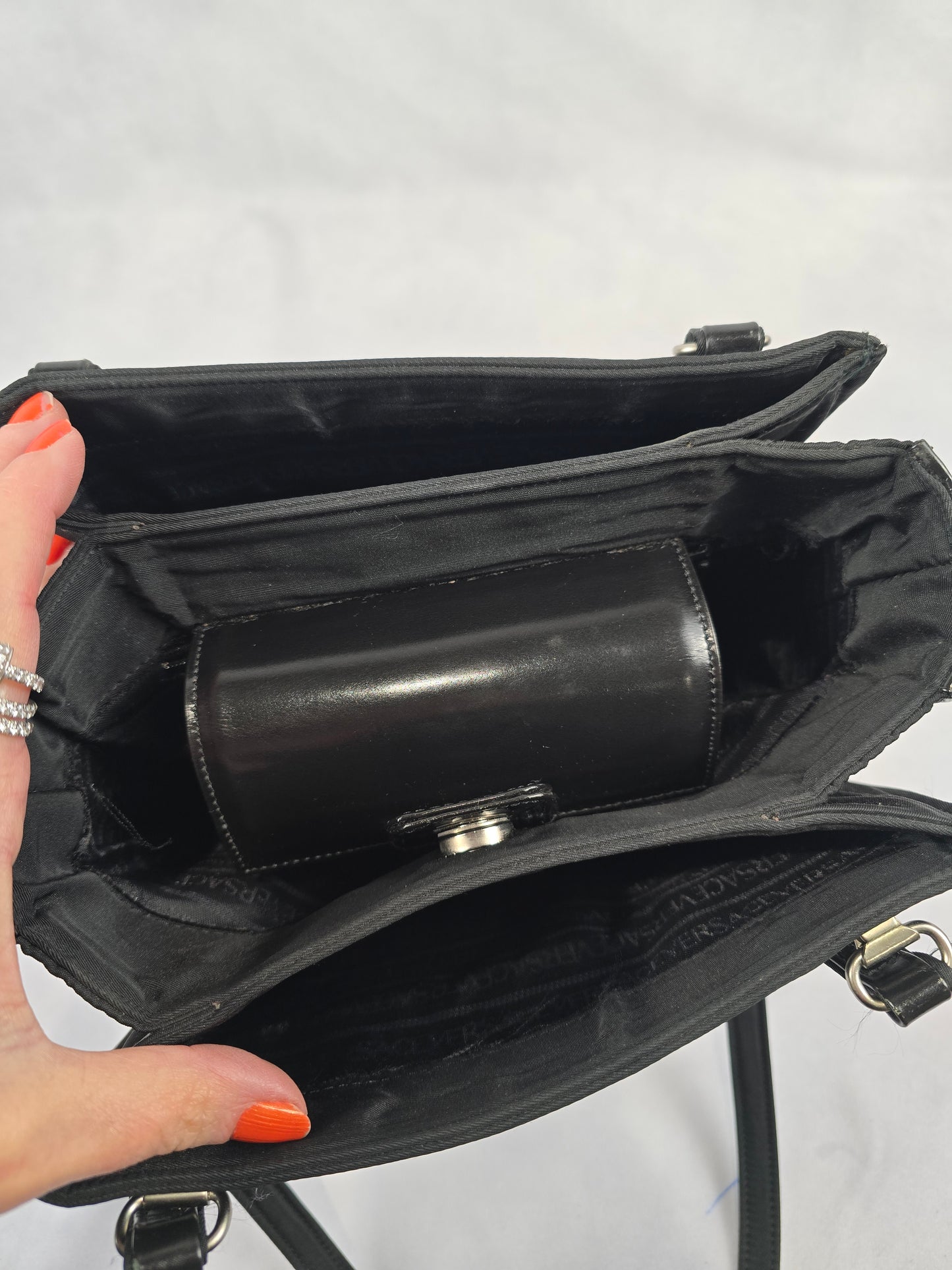 Versace Nylon and Black Patent Leathe Black Sunburst Shoulder Bag