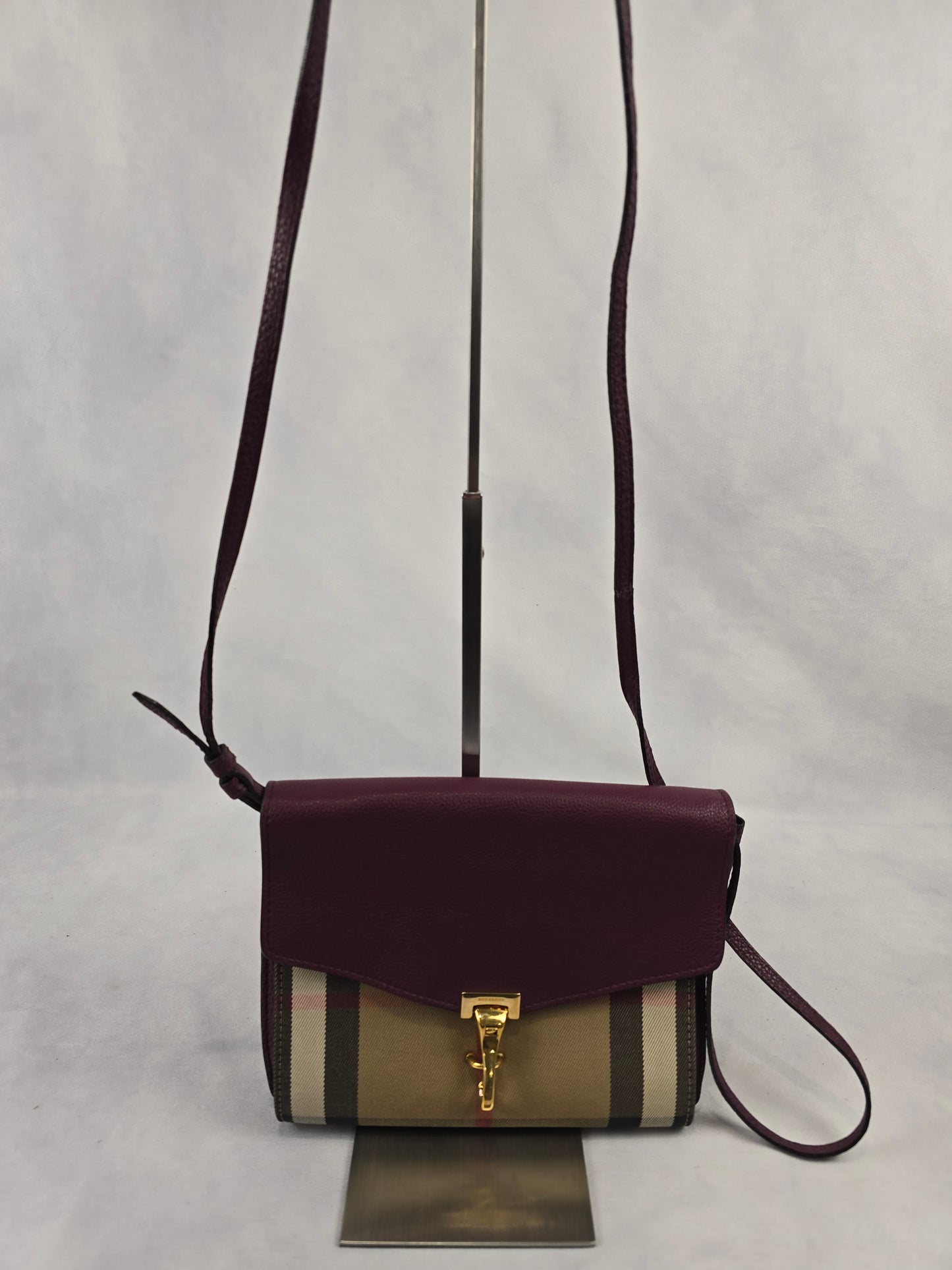 Burberry Burgundy House Check Canvas and Leather Macken Crossbody