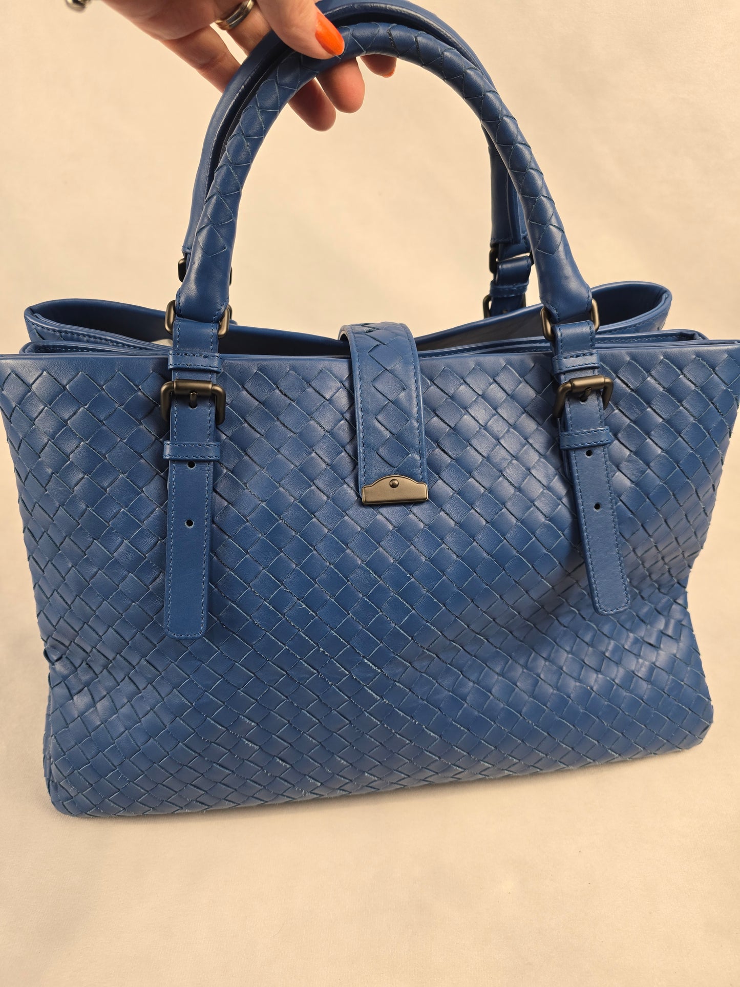 Bottega Veneta Intrecciato Medium Roma Top Handle Bag in Cobalt Blue