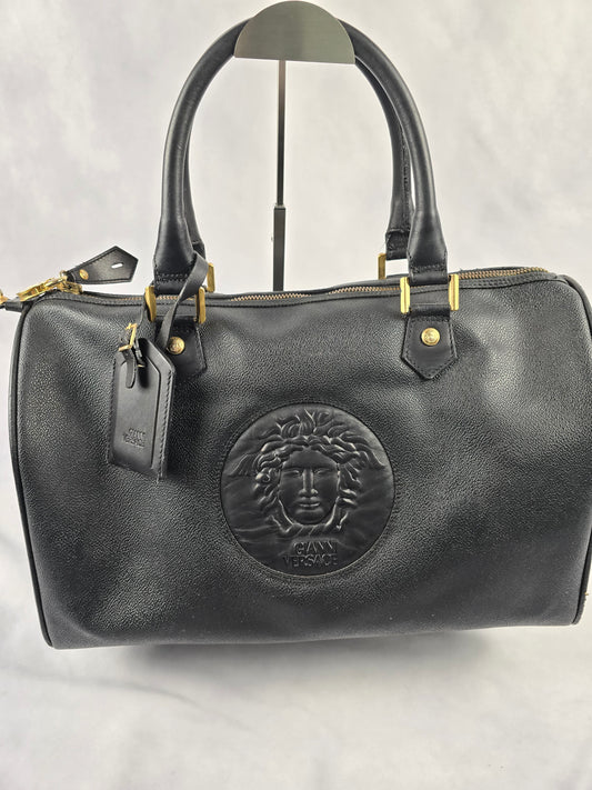 Versace Vintage 1990s Medusa Black Leather Travel Bag