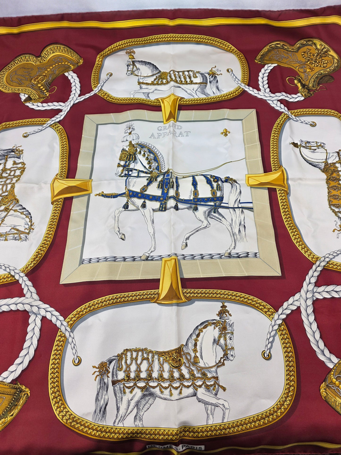 Vintage Hermès Grand Apparat Silk Scarf 90 Jacques Eudel Red Gold Equestrian