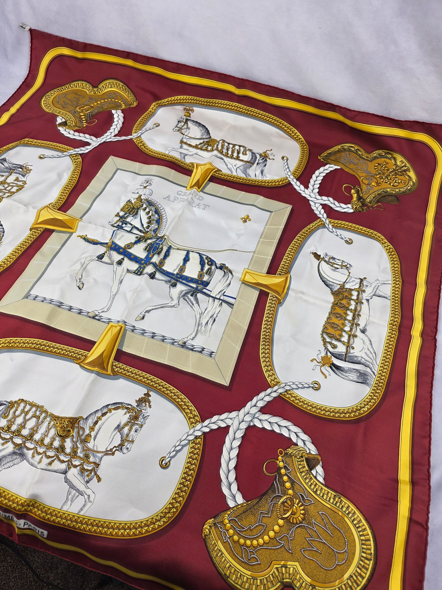 Vintage Hermès Grand Apparat Silk Scarf 90 Jacques Eudel Red Gold Equestrian