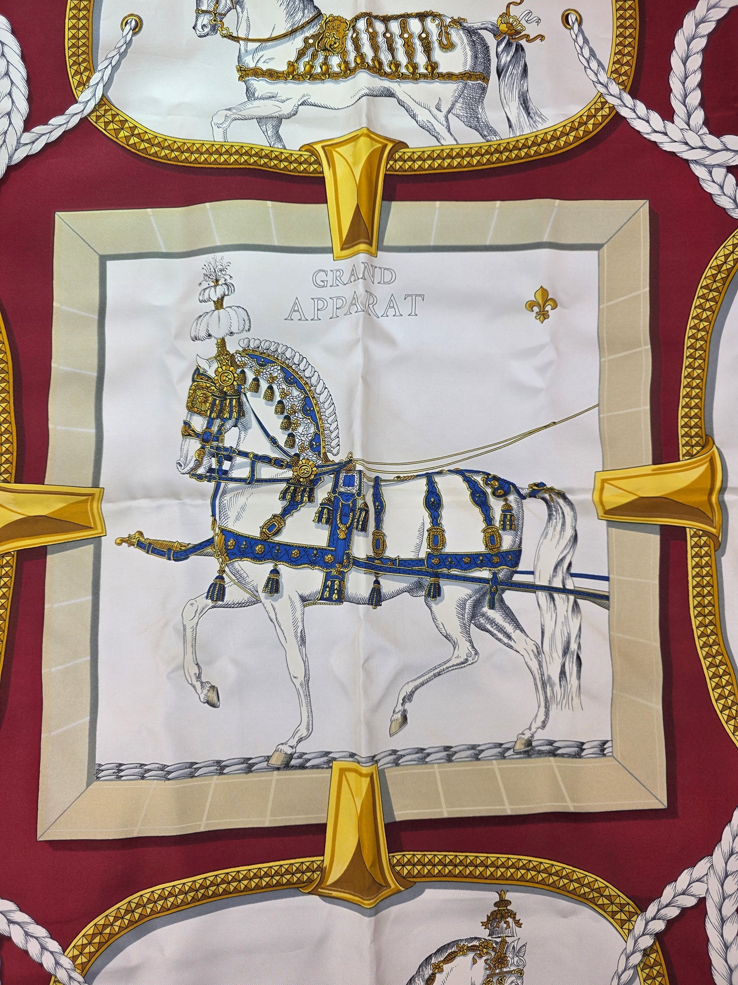 Vintage Hermès Grand Apparat Silk Scarf 90 Jacques Eudel Red Gold Equestrian