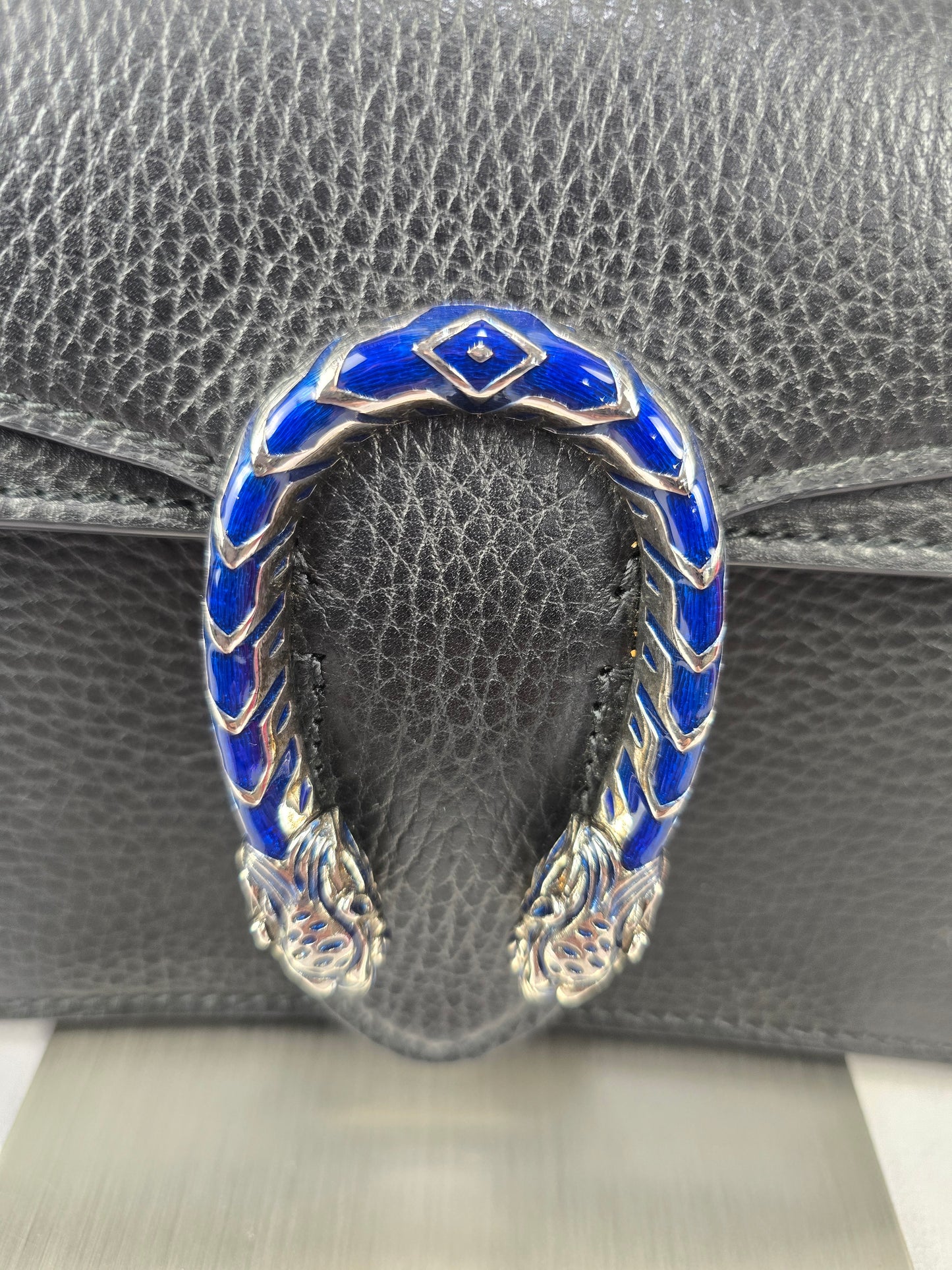 Gucci Dollar Calfskin Enamel Dionysus in Black and Electric Blue