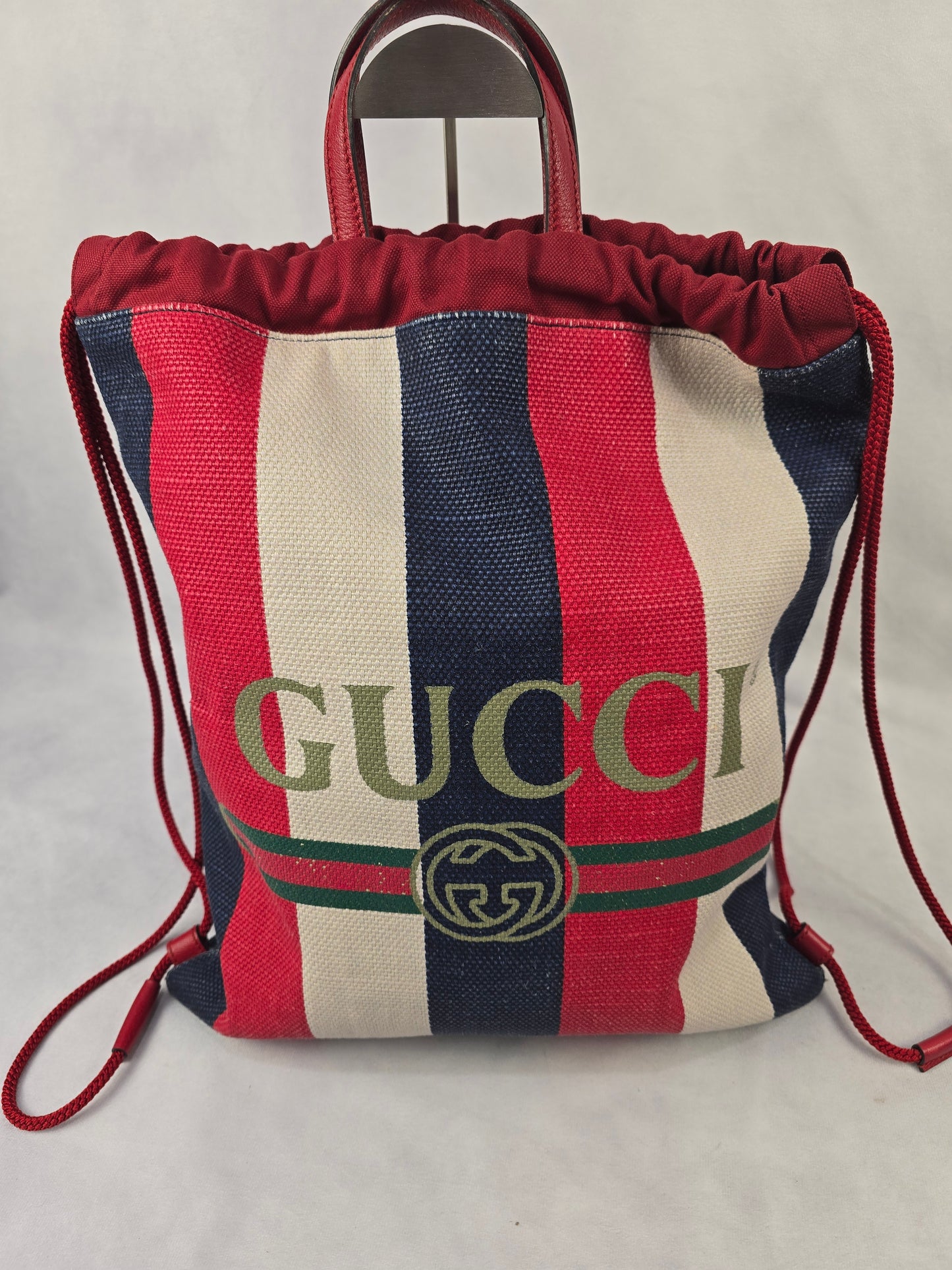 Gucci Canvas Logo Sylvie Stripe Drawstring Backpack