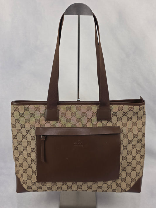 Gucci GG Canvas Front Zip Pocket Zippered Tote Bag