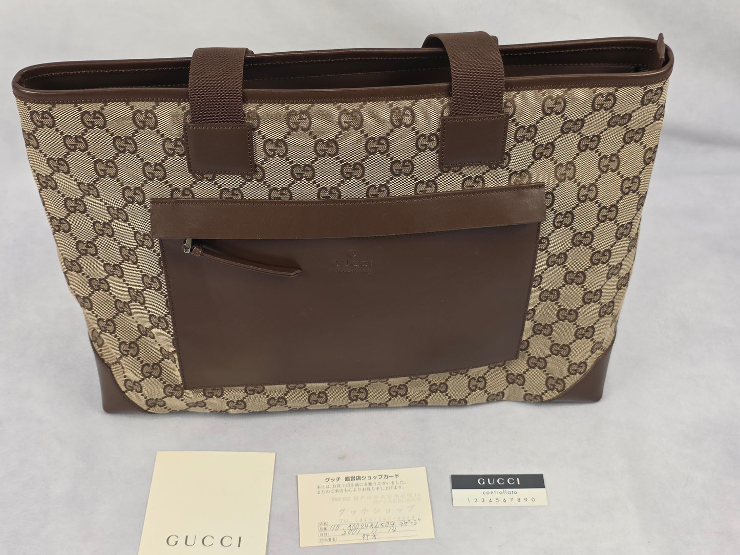 Gucci GG Canvas Front Zip Pocket Zippered Tote Bag