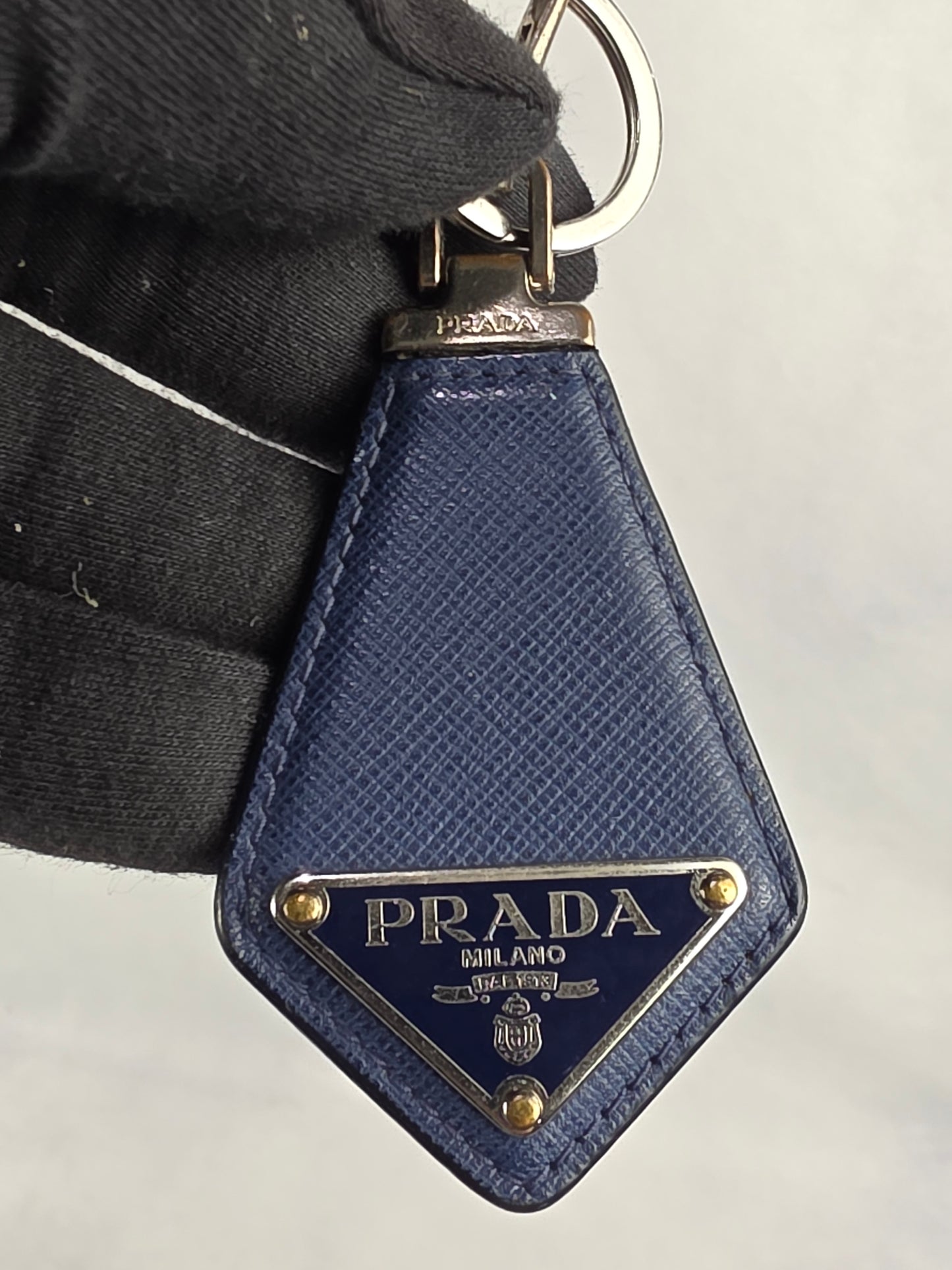Prada Blue Saffiano Leather Triangle Logo Keychain & Bag Charm