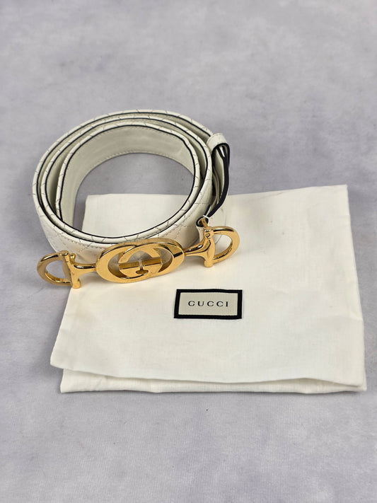 Gucci White Quilted Leather Interlocking G Horsebit Belt with Gold-Tone Hardware, 85cm/34"