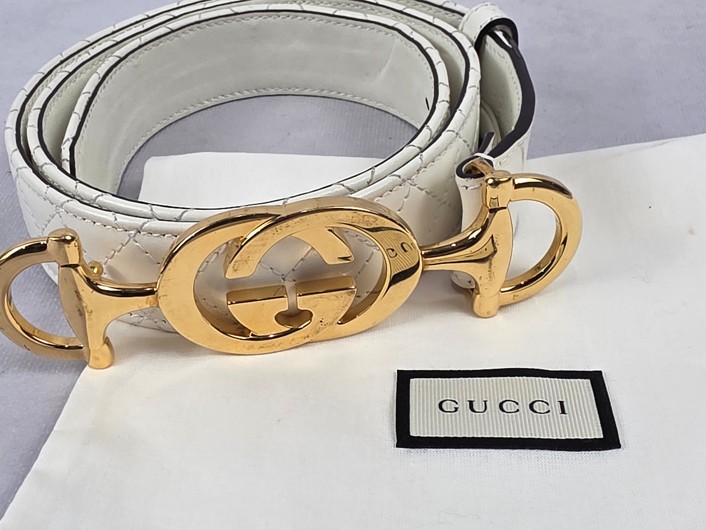 Gucci White Quilted Leather Interlocking G Horsebit Belt with Gold-Tone Hardware, 85cm/34"