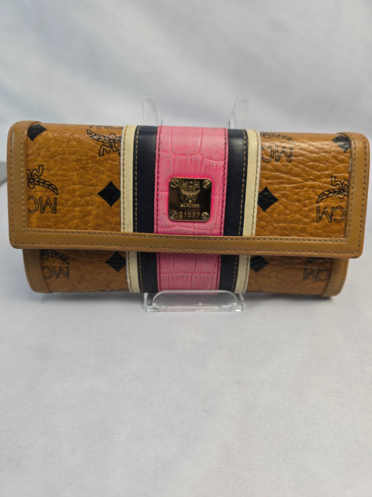 MCM Visetos Trifold Wallet with Pink Stripe Pattern