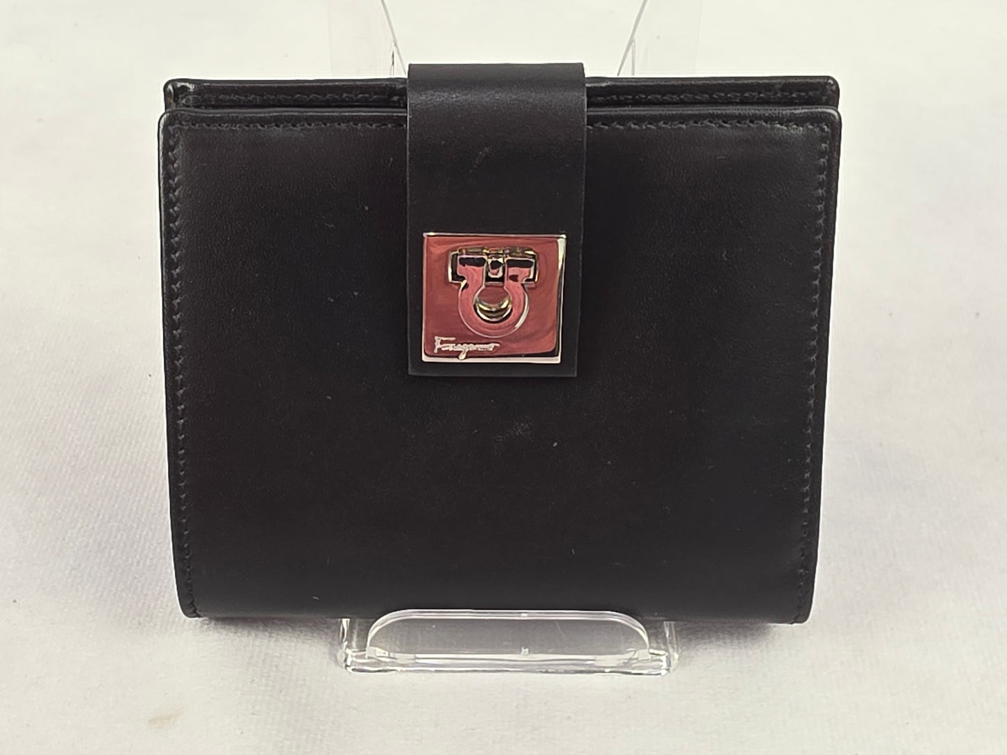Salvatore Ferragamo Gancini Bifold Compact Wallet in Black Leather