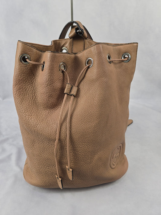 Gucci Soho Pebbled Leather Drawstring Backpack in Tan