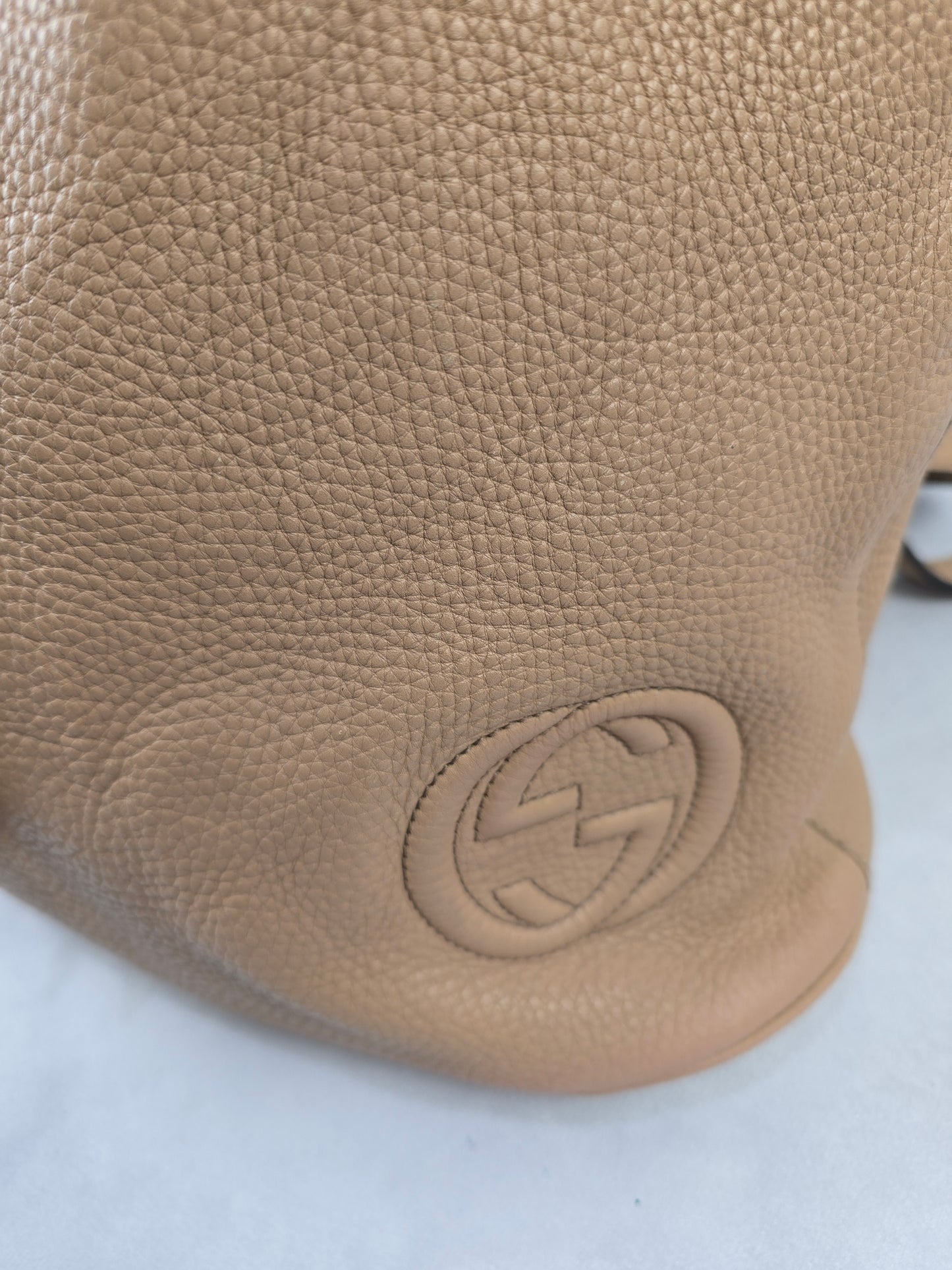 Gucci Soho Pebbled Leather Drawstring Backpack in Tan