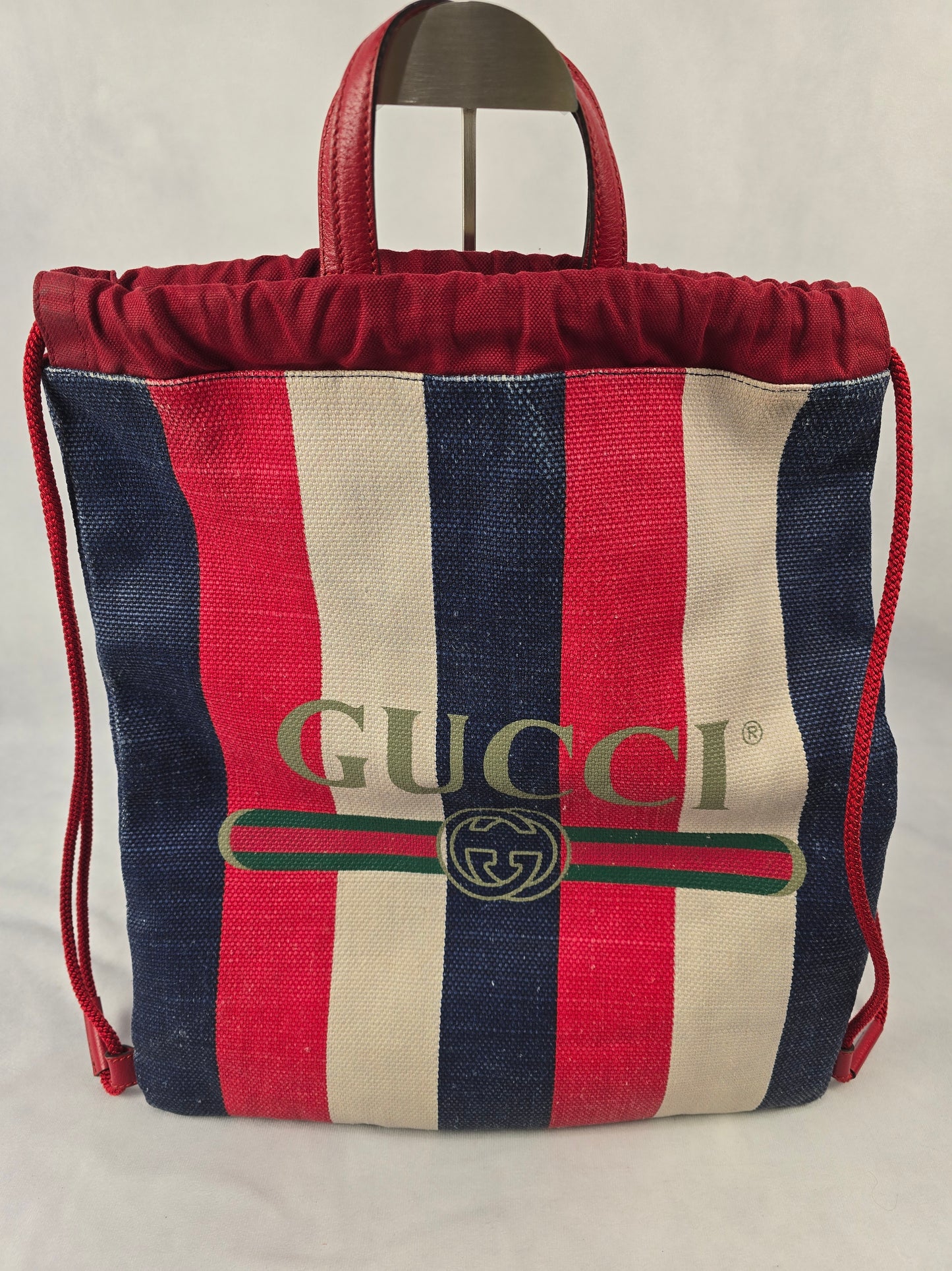Gucci Canvas Logo Sylvie Stripe Drawstring Backpack