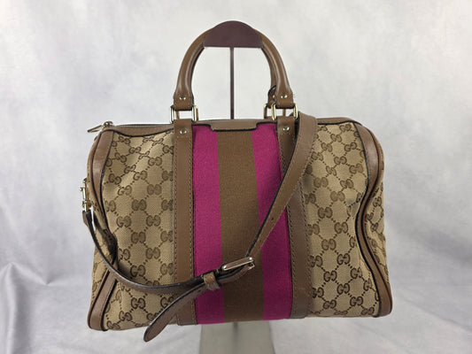 Gucci Vintage Web Joy Boston Bag GG Canvas Fuchsia Stripe with Bandoulière Strap