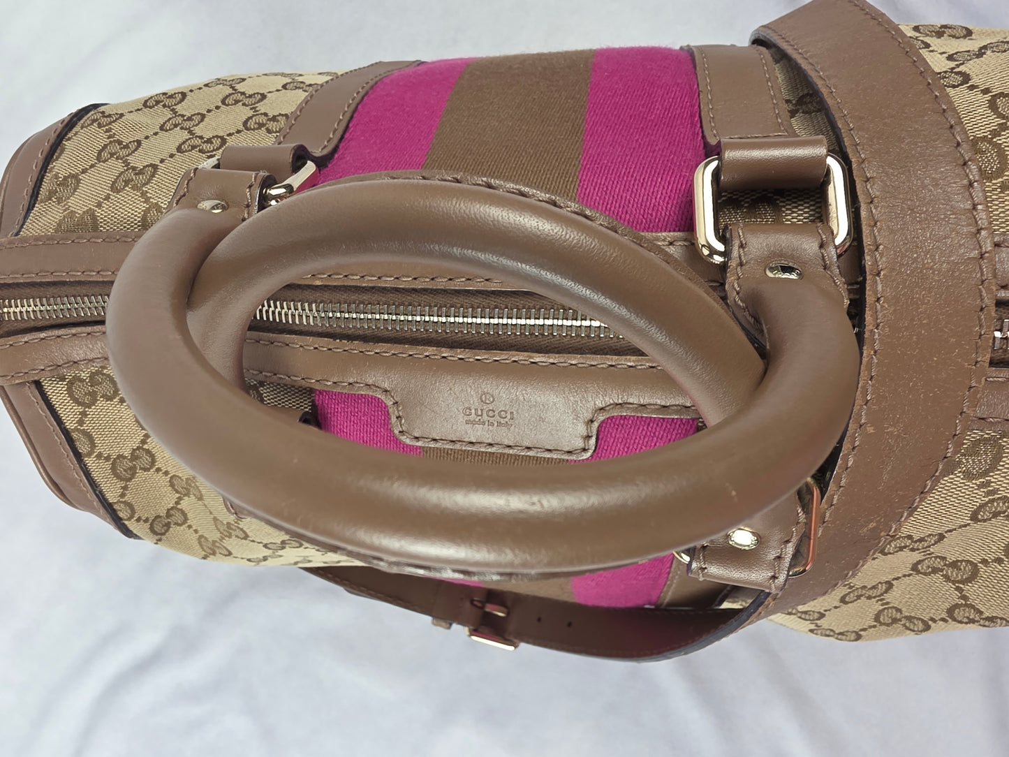 Gucci Vintage Web Joy Boston Bag GG Canvas Fuchsia Stripe with Bandoulière Strap