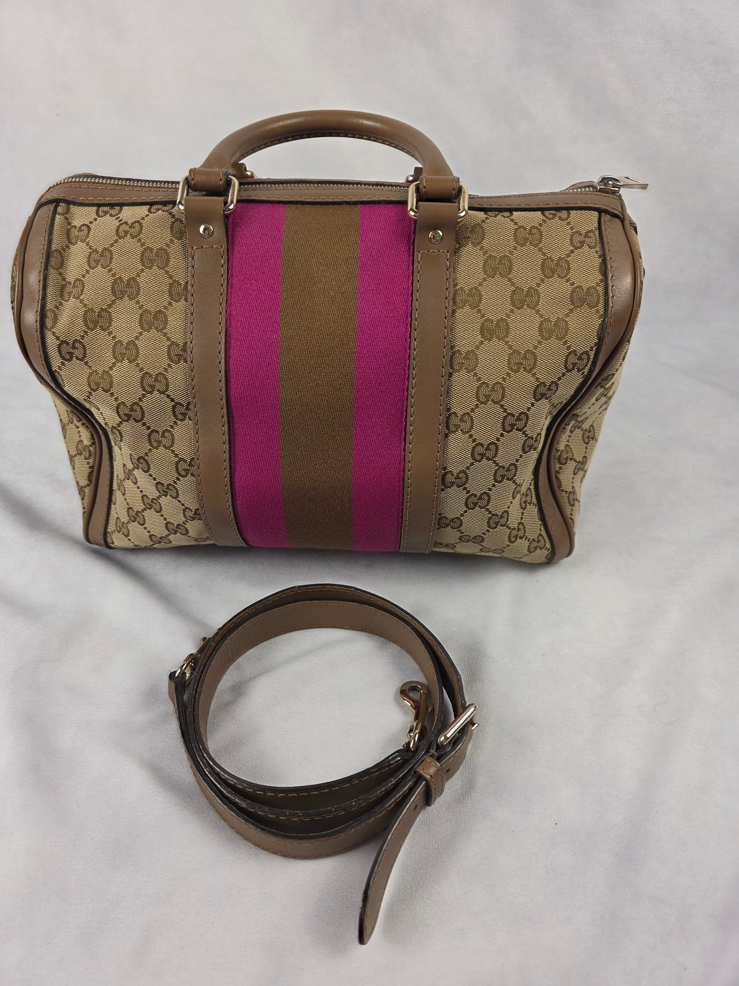 Gucci Vintage Web Joy Boston Bag GG Canvas Fuchsia Stripe with Bandoulière Strap