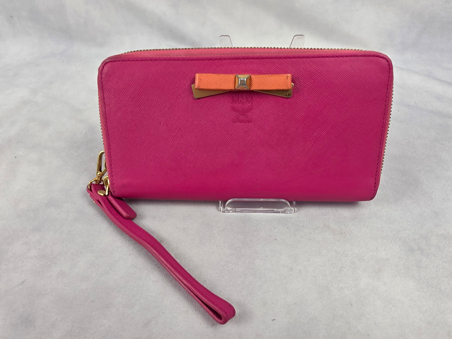 MCM Mina Saffiano Bi-Color (Pink/Orange) Leather Zip-Around Wristlet Wallet