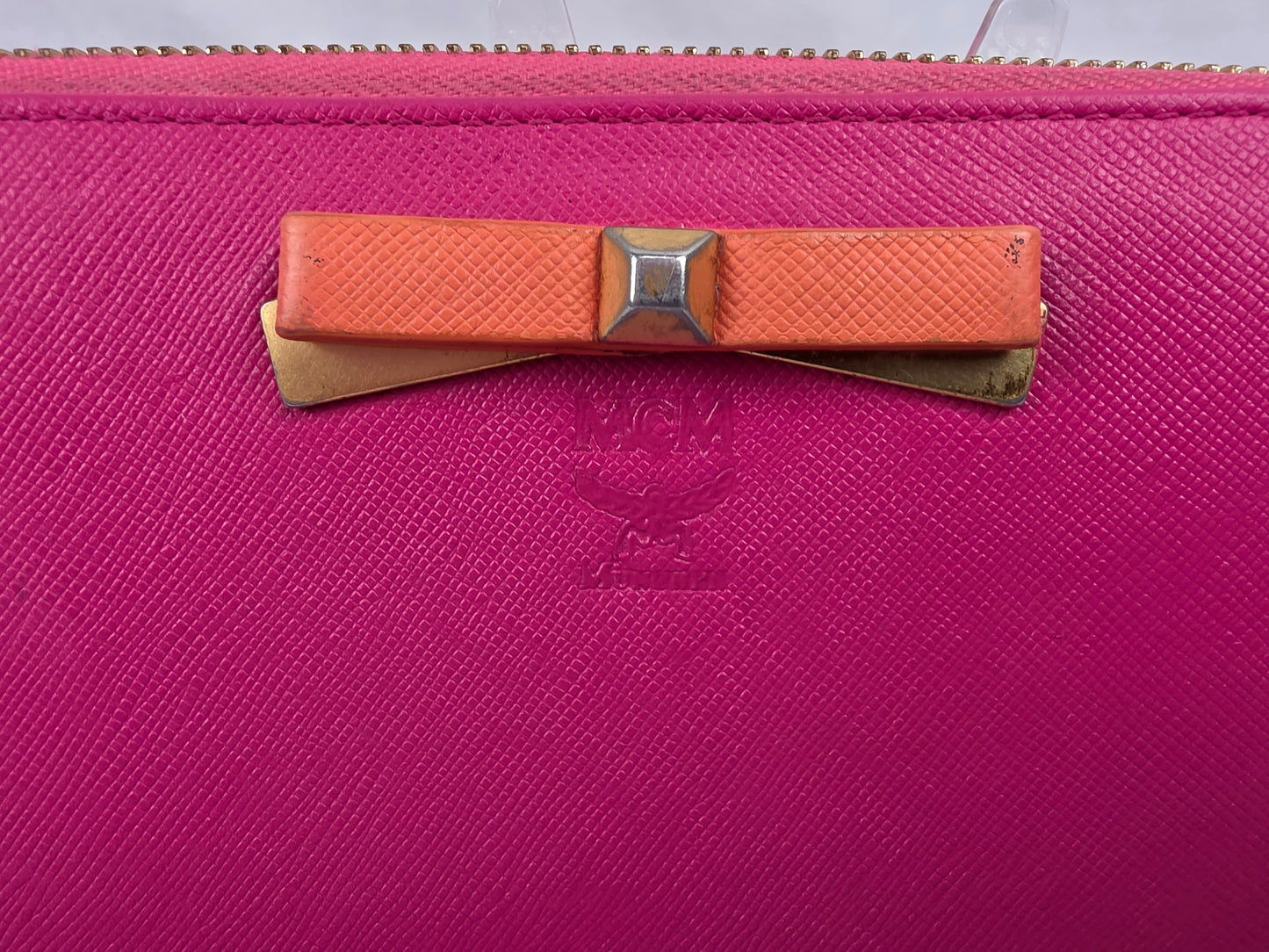 MCM Mina Saffiano Bi-Color (Pink/Orange) Leather Zip-Around Wristlet Wallet