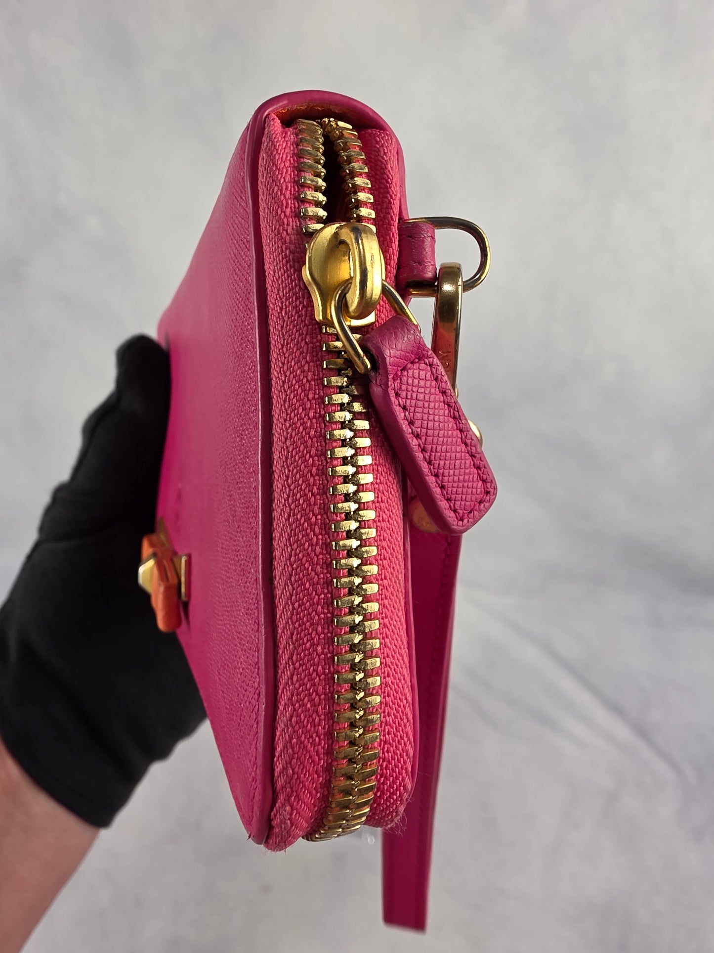 MCM Mina Saffiano Bi-Color (Pink/Orange) Leather Zip-Around Wristlet Wallet