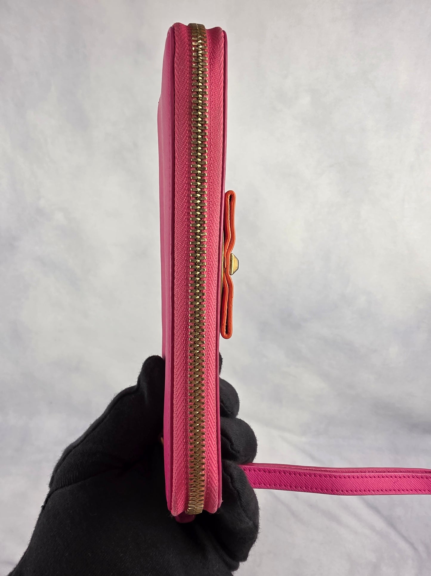 MCM Mina Saffiano Bi-Color (Pink/Orange) Leather Zip-Around Wristlet Wallet