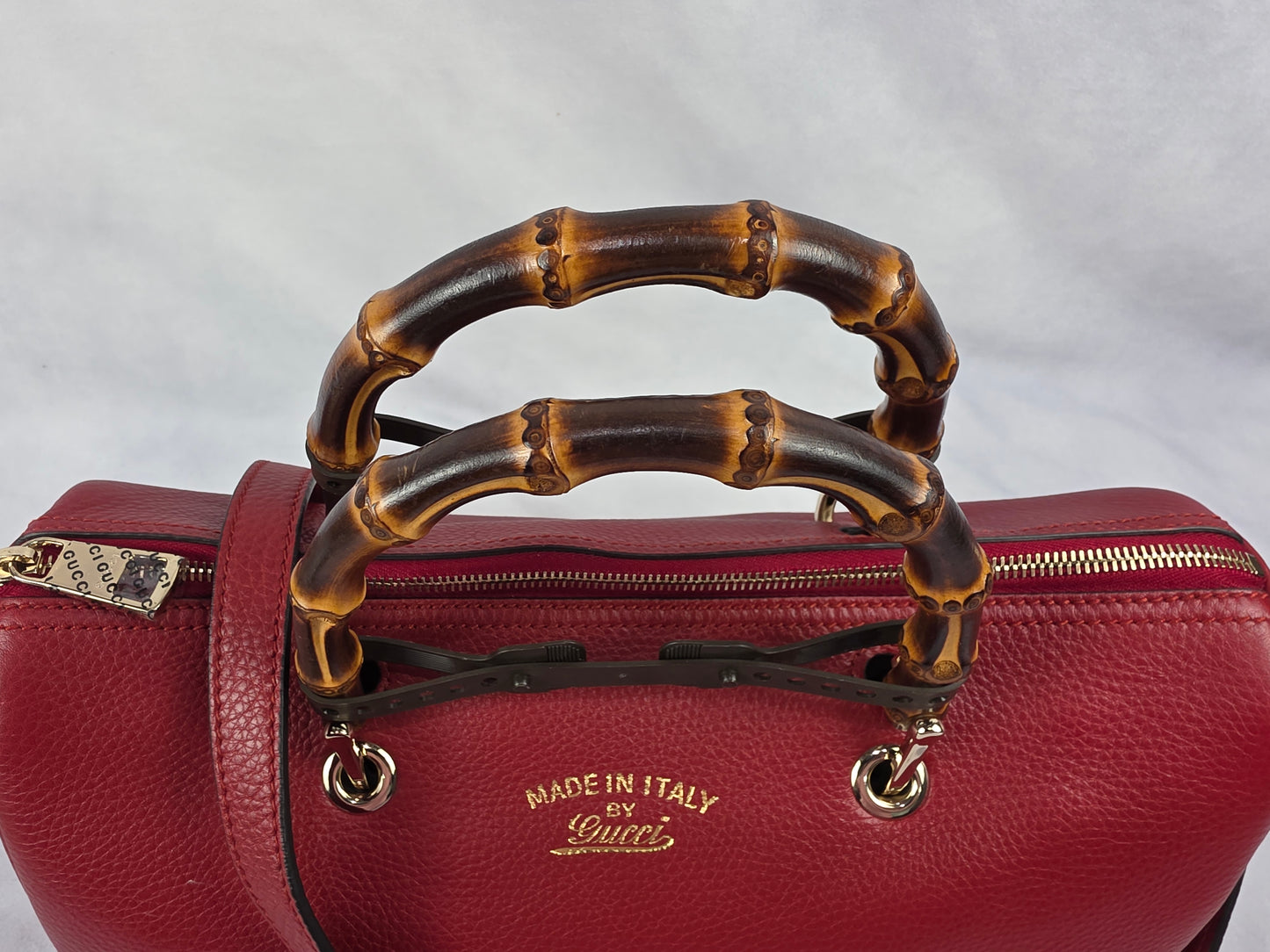 Gucci Medium Red Pebbled Calfskin Leather Bamboo Shopper Boston Bag
