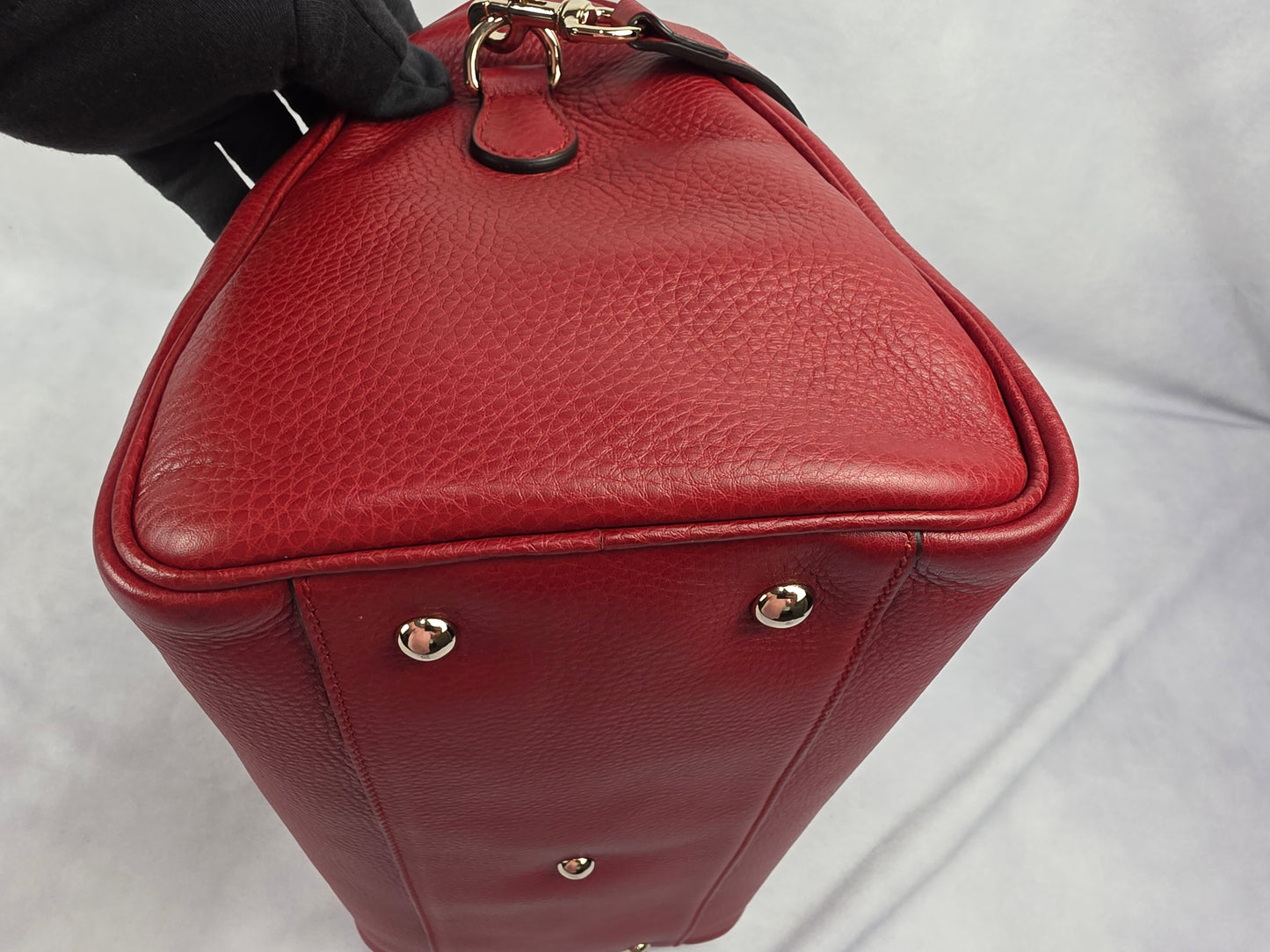 Gucci Medium Red Pebbled Calfskin Leather Bamboo Shopper Boston Bag