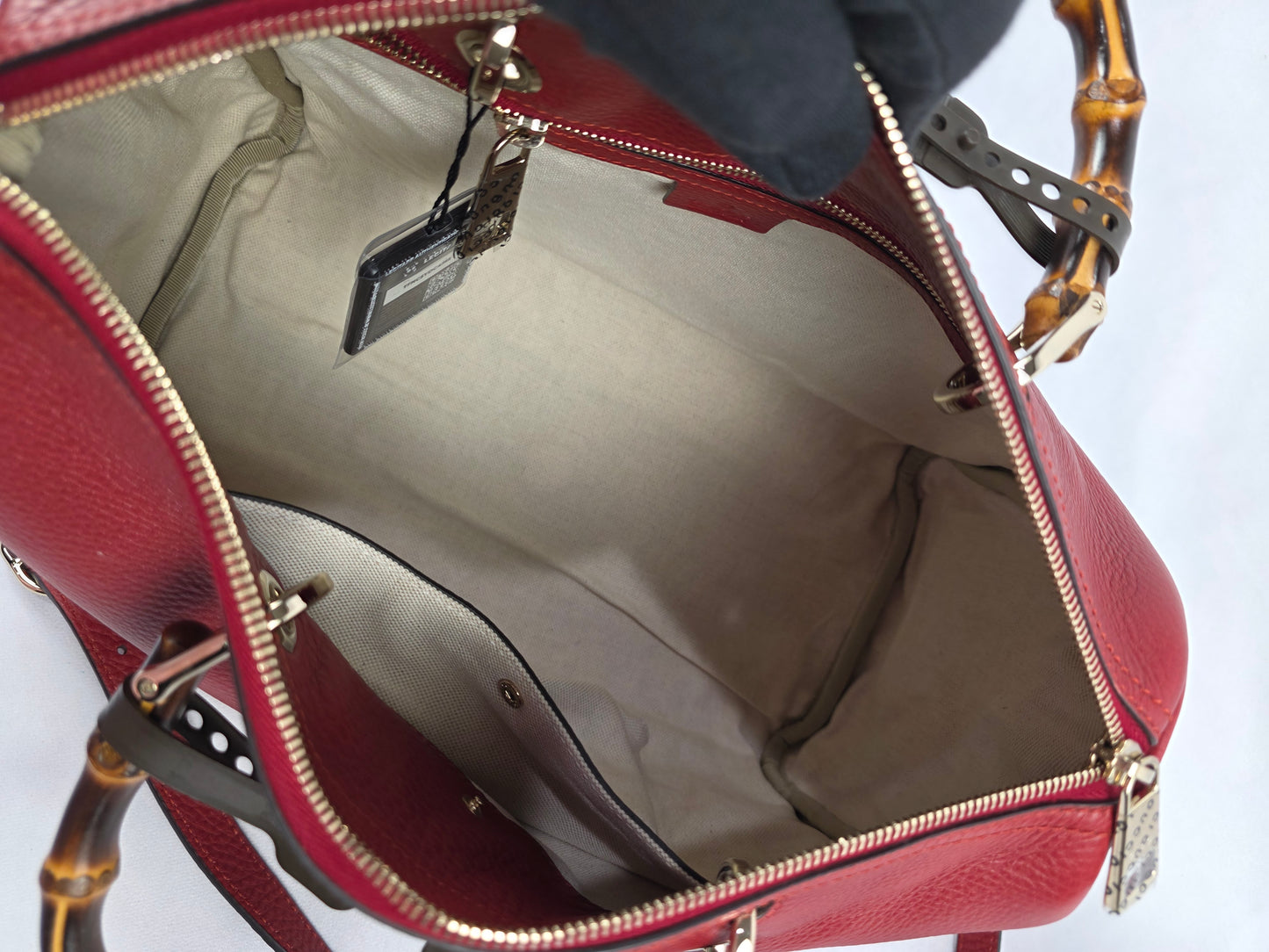 Gucci Medium Red Pebbled Calfskin Leather Bamboo Shopper Boston Bag