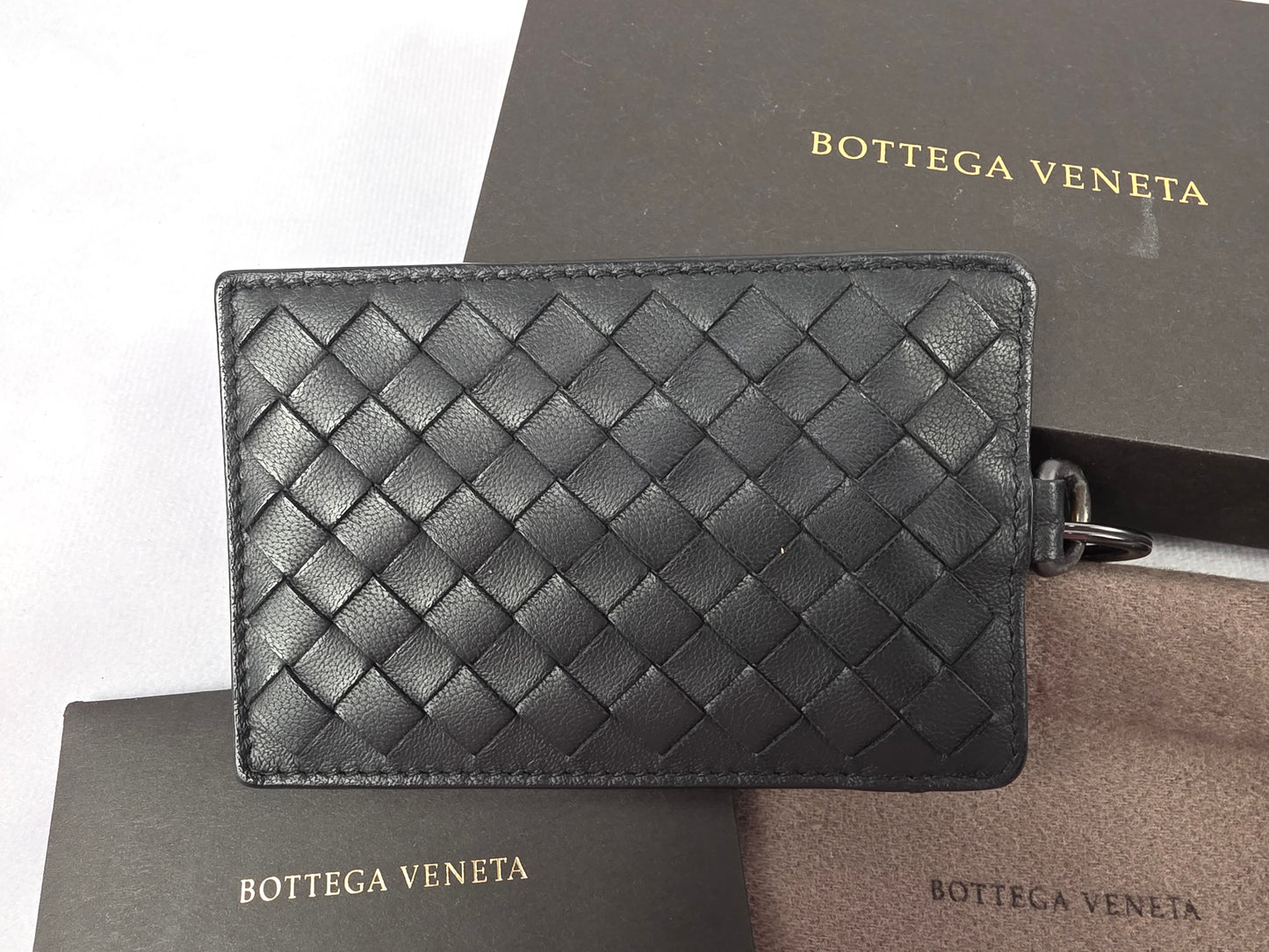 Bottega Veneta Intrecciato Leather Badge ID Holder with Box & Dust Bag – Black