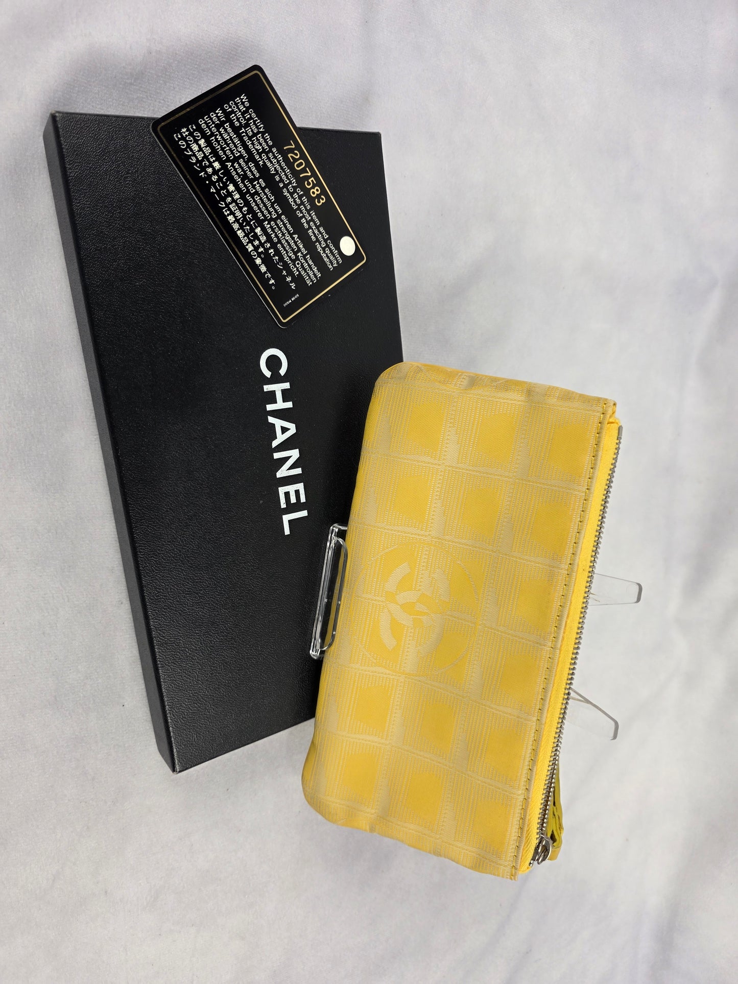 Vintage Chanel Yellow New Travel Ligne Jacquard Canvas Zip Pouch Wristlet