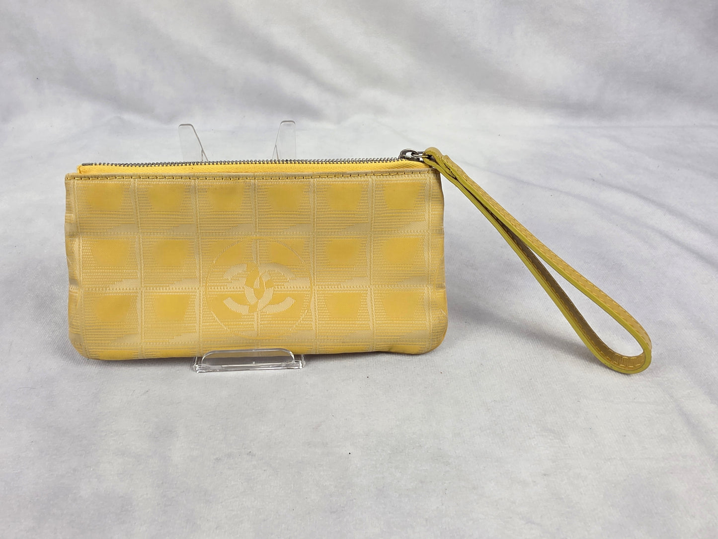 Vintage Chanel Yellow New Travel Ligne Jacquard Canvas Zip Pouch Wristlet