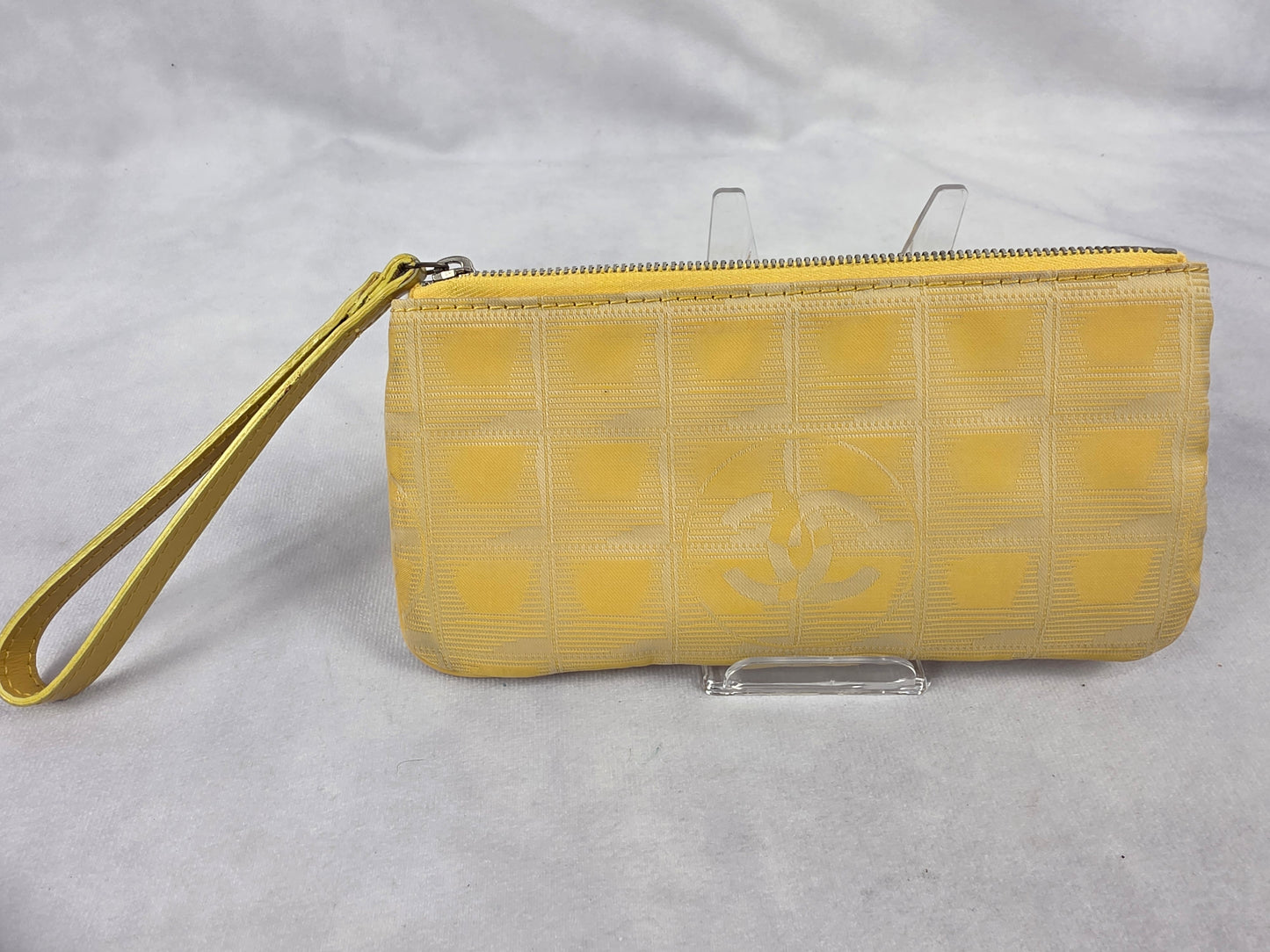 Vintage Chanel Yellow New Travel Ligne Jacquard Canvas Zip Pouch Wristlet