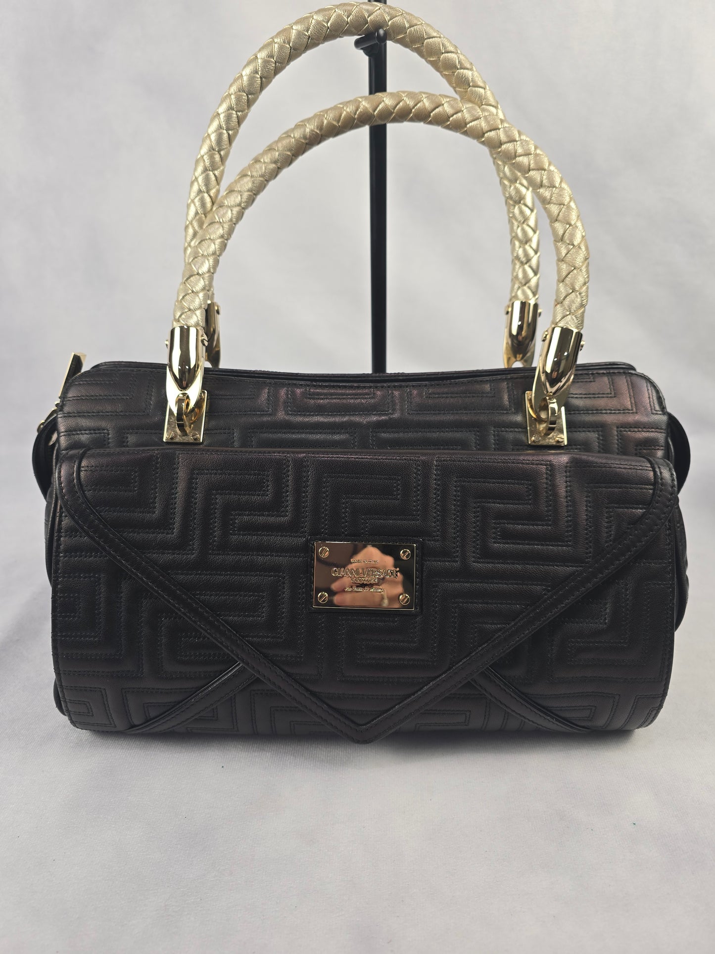 Gianni Versace Vintage Trapuntato Black Calfskin Shoulder Bag