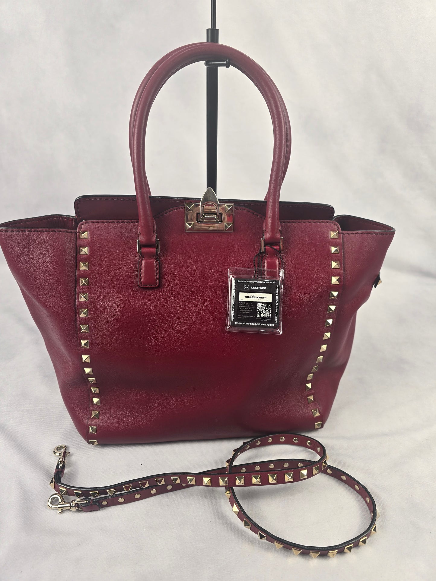 Valentino Garavani Leather Rockstud Two Way Bag in Dark Red