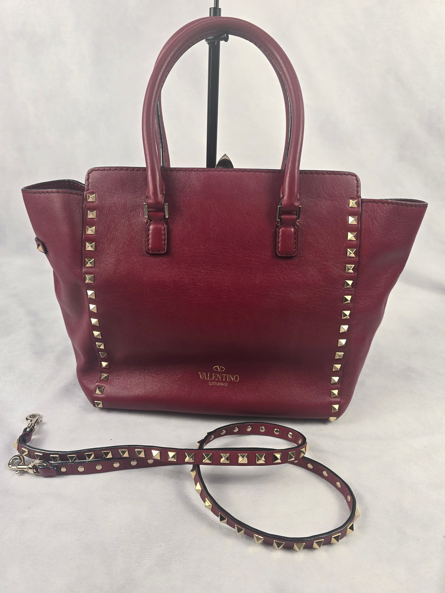 Valentino Garavani Leather Rockstud Two Way Bag in Dark Red