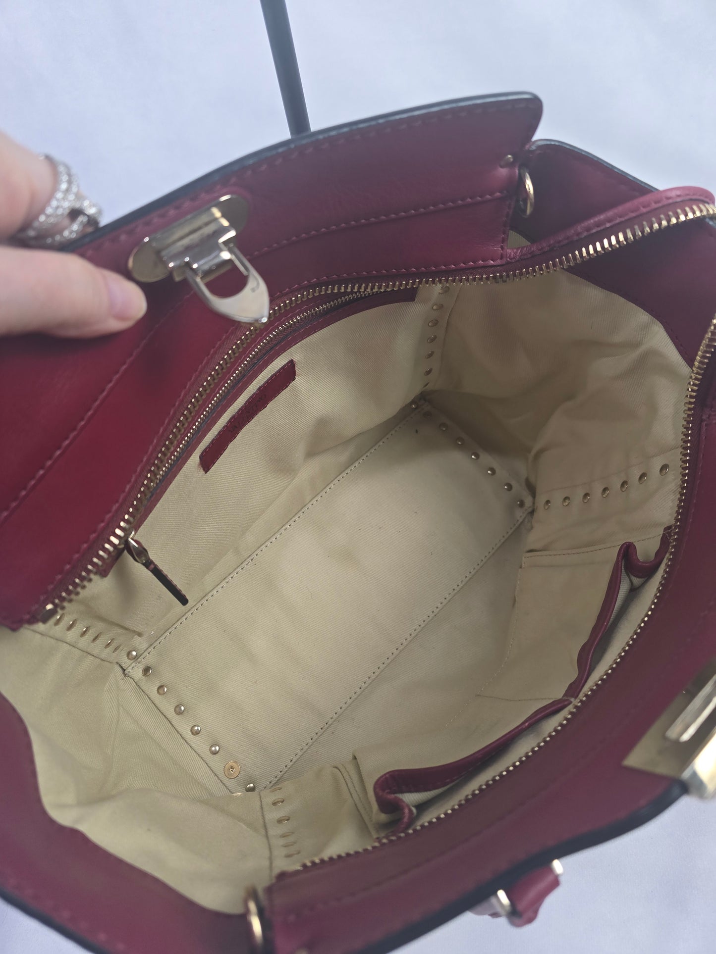 Valentino Garavani Leather Rockstud Two Way Bag in Dark Red