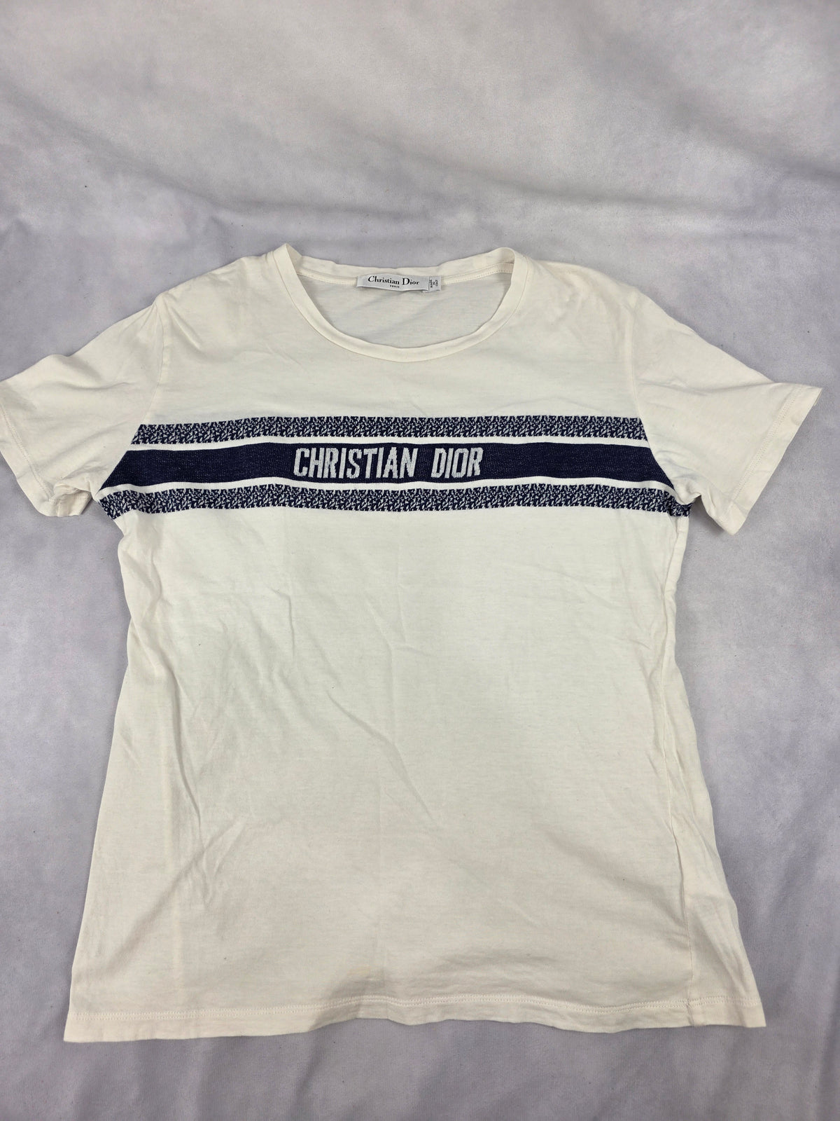 Christian Dior White and Navy Blue Signature Band T-Shirt, Size Medium
