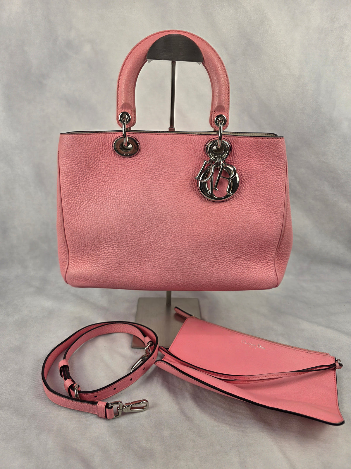 Christian Dior Pink Grained Calfskin Medium Diorissimo Tote Bag with Pouch