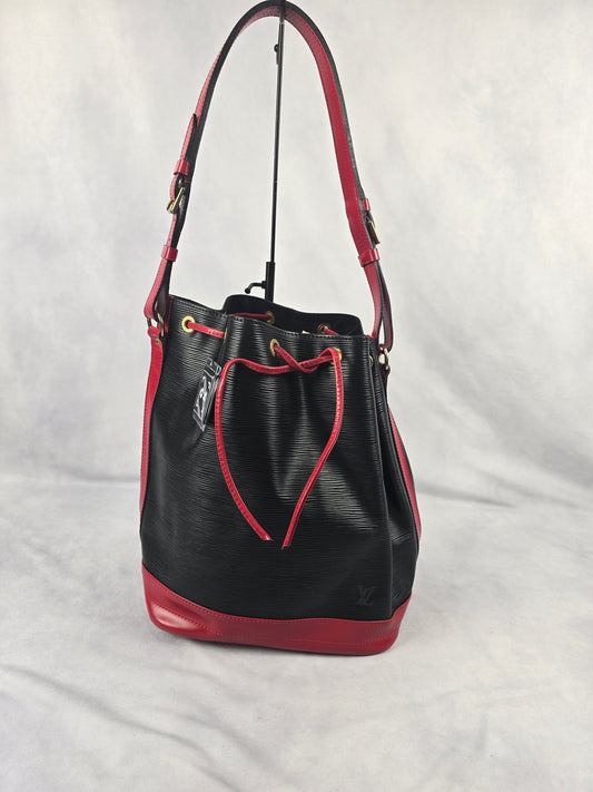 Louis Vuitton Bi-Color Epi Leather Noe GM Bucket Bag in Black with Red Trim